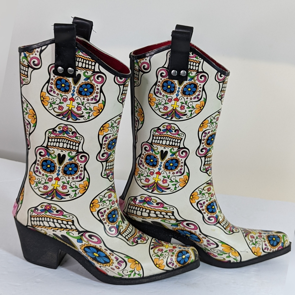 SOLD Rain Boots Sugar Skull Dia de Meurtos 6 Western Boot Style Cowgirl - Picture 14 of 15